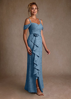 Azazie Irene Moeder van de bruid jurken A-Lijn Jurk van Bloemen Burn-out Off the Shoulder Staal Blauw image5