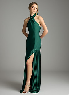 Azazie Nayeli At-home Try On Dresses Emerald A-Line Pleated Stretch Satin Dress image4
