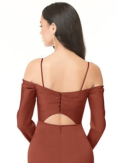 Azazie Hallie Bridesmaid Dresses Auburn Sheath Off-The-Shoulder Long Sleeve Stretch Satin Convertible Dress image8