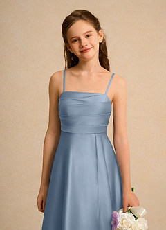 Azazie Pebbles Girl Flower Girl Dresses Dusty Blue A-Line Pleated Matte Satin Dress image4