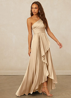 Christian Siriano Bridal for Azazie 1008 Robes de demoiselle d'honneur Robe Trapèze en Satin extensible Ue épaule Champagne image4
