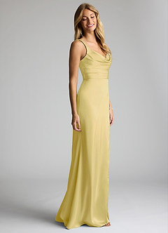 Azazie Elida Bridesmaid Dresses Lemon Sorbet Sheath Pleated Stretch Satin Dress image3