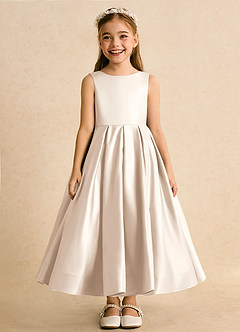 Azazie Cailee Flower Girl Dresses White Alabaster Ball-Gown Pleated Matte Satin Dress image6