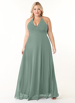 Azazie Tessie Robes à essayer chez vous Robe Trapèze en Mousseline de soie Col V plissé Matcha image6