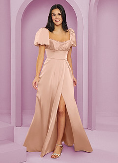 Barbie ♥ Azazie Bridesmaid Dresses Rose Gold A-Line Ruched Stretch Satin Dress image6