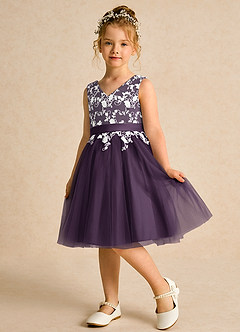 Azazie Butterfly Flower Girl Dresses Plum A-Line Lace Dress image4