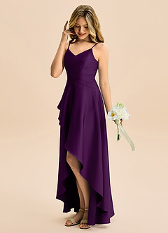 Azazie Eirlys Junior Vestido Uva de Cetim elástico de Linha A com Plissado image3