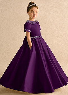 Azazie Gabriella Flower Girl Dresses Grape Ball-Gown with Sleeves Matte Satin Dress image3