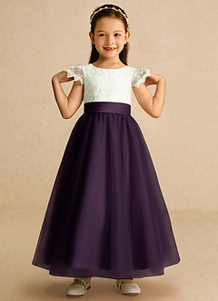 Azazie Pookie Flower Girl Dresses Plum A-Line Lace Tulle Dress image3