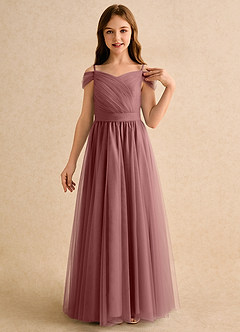 Azazie Yuna Girls Formal Abiti da Ragazza di Fiori Abito A-Line in Tulle a Spalla Scoperta Rosa Del Deserto image6