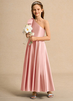 Azazie Guppy Junior Formal vestidos de niña de las flores Vestido de Rosetón de Satin Mate de Corte En A con Hombro unilateral image5