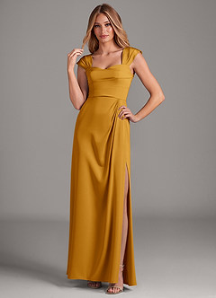 Azazie Laila Bridesmaid Dresses Butterscotch A-Line Pleated Stretch Satin Dress image3