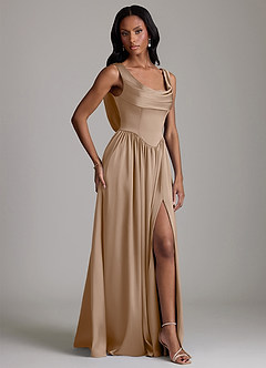 Azazie Novi Robes de demoiselle d'honneur Robe Trapèze en Satin extensible avec poches Taupe image5