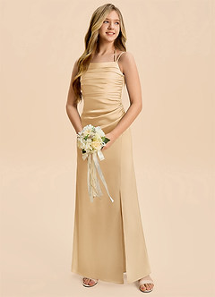 Azazie Nova Junior Gold A-Line Pleated Stretch Satin Dress image3
