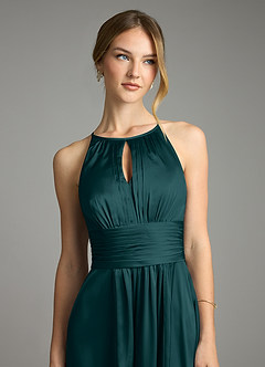 Azazie Bonnie Bridesmaid Dresses Pine A-Line Pleated Stretch Satin Dress image2