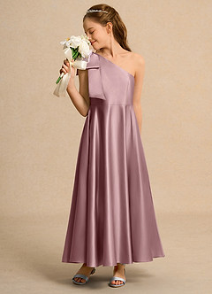 Azazie Guppy Girl Blumenmädchenkleider A-Linie One-Shoulder Matte Satin Kleid Altrosa image4