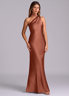 Azazie Seona Robes de demoiselle d'honneur Robe Sirène en Satin extensible Une épaule Auburn image3