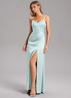 Azazie Azuree Bridesmaid Dresses Sea Glass A-Line Pleated Stretch Satin Dress image5