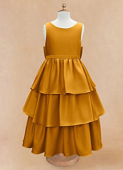 Azazie Margie Vestidos de florista Vestir Caramelo de Cetim elástico de Linha A com Arco image4
