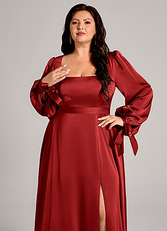 Azazie Leonia Brautjungfernkleider A-Linie Langarm Stretch-Satin Kleid Granatapfelrot image9