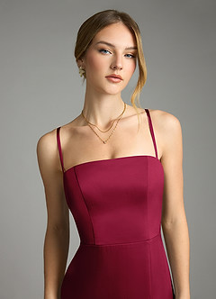 Azazie Wren Vestidos de damas de honor Vestido de Borgoña de Satén Elástico de Corte en A Convertible con Sin tirantes image3