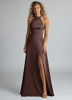 Azazie Clarice Bridesmaid Dresses Ganache A-Line High Neck Stretch Satin Dress image4