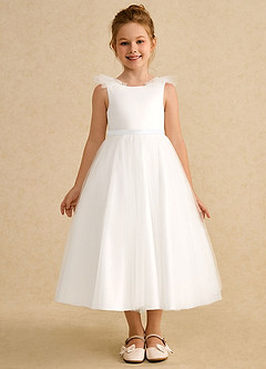 Azazie Amber Abiti da Ragazza di Fiori Abito A-Line in Tulle Fiocco Avorio Bianco image3