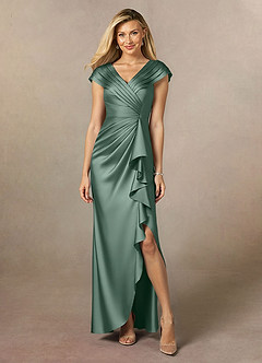 Azazie Anderson Mother of the Bride Dresses Eucalyptus A-Line Pleated Stretch Satin Dress image1