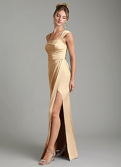 Azazie Filippa Bridesmaid Dresses Champagne A-Line Pleated Stretch Satin Dress image4
