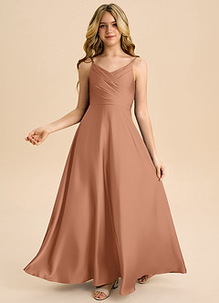 Azazie Bug Junior Robe Trapèze en Satin extensible Plissée Bronze image1