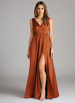 Azazie Tanicia Robes de demoiselle d'honneur Robe Trapèze en Satin extensible Plissée Cannelle image1