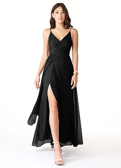 Azazie Evalin Vestidos de damas de honor Vestido de Negro de Malla de Corte en A con Cuello en V Plisado image1