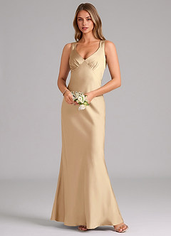 Azazie Kamila Bridesmaid Dresses Champagne A-Line Pleated Stretch Satin Dress image4