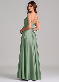 Azazie Amani At-home Try On Dresses Dusty Blue A-Line Pleated Stretch Satin Dress image2