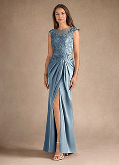 Azazie Santa Barbara Mother of the Bride Dresses Dusty Blue Sheath Pleated Stretch Satin Dress image2