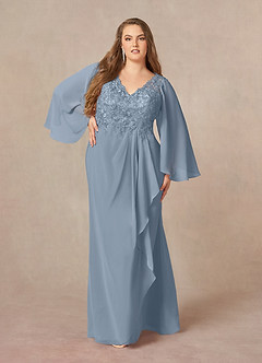 Azazie Perry vestidos de madre de la novia Vestido de Azul Polvoriento de Gasa de Corte Sirena con Encaje cuello pico image7