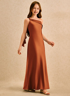 Azazie Almond Girls Formal Robe Demoiselle D'honneur Fillette Robe Fourreau en Satin extensible Une épaule Cannelle image5