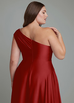 Azazie Melanie Bridesmaid Dresses Pomegranate A-Line Off the Shoulder Stretch Satin Dress image13
