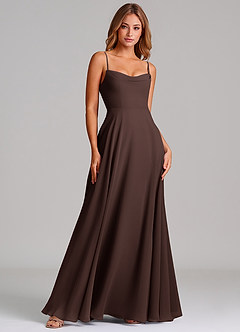 Azazie Elle Robes de demoiselle d'honneur Robe Trapèze en Mousseline de soie Plissée Ganache image3