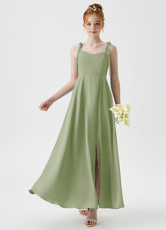 Azazie Rosey Junior Robe Trapèze en Satin extensible Encolure en Forme de Cœur Vert Sauge image1