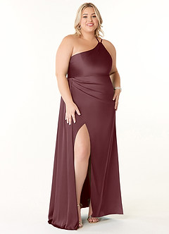 Azazie Maron Bridesmaid Dresses Sangria A-Line One Shoulder Stretch Satin Dress image7