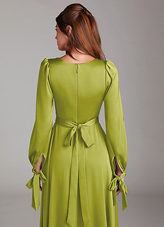 Azazie Leonia Jurken voor bruidsmeisjes Jurk van Stretch Satijn met A-Lijn Lange mouw Citroengras image7