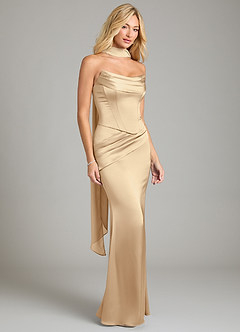Azazie Sorrel Bridesmaid Dresses Champagne Mermaid Strapless Stretch Satin Convertible Dress image8