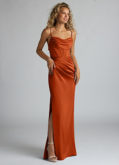 Azazie Mai Bridesmaid Dresses Burnt Orange Sheath Pleated Stretch Satin Dress image3