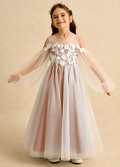 Azazie Zimi vestidos de niña de las flores Vestido de Champán Rosado de Tul de Princesa con Escote de Corazón image4
