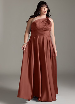 Azazie Charlize Bridesmaid Dresses Auburn A-Line One Shoulder Stretch Satin Dress image11