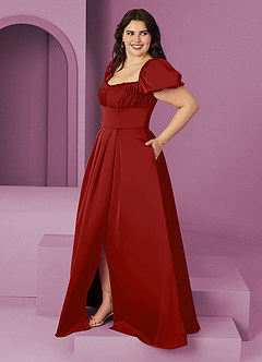 Barbie ♥ Azazie Bridesmaid Dresses Pomegranate A-Line Ruched Stretch Satin Dress image9