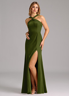 Azazie Rue Robes de demoiselle d'honneur Robe Trapèze en velours Plissée Olive image4