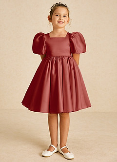 Azazie Muffin Flower Girl Dresses Terracotta A-Line with Sleeves Matte Satin Dress image2