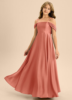 Azazie Rowena Junior Salmon Pink A-Line Bow Stretch Satin Dress image6